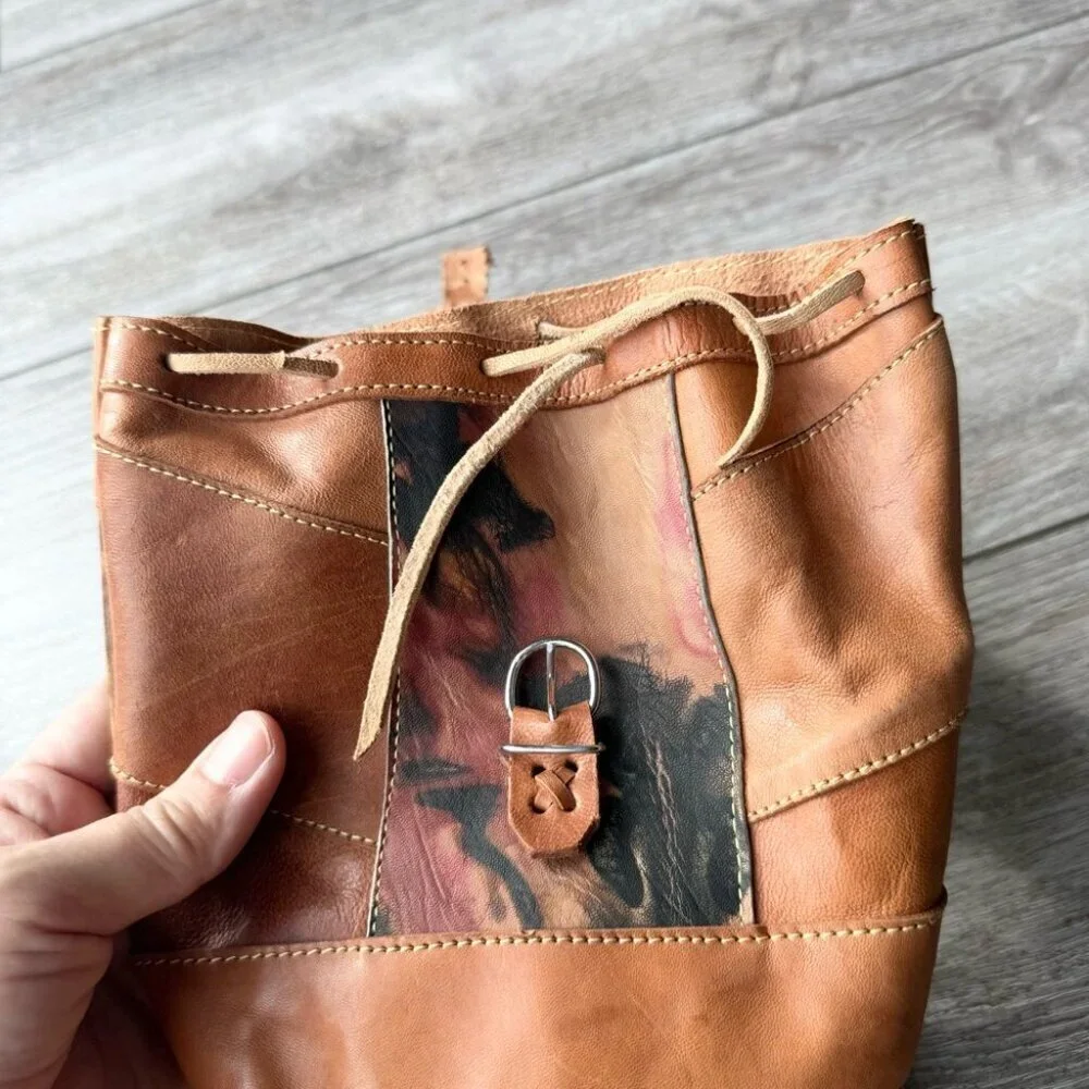 Cognac Tooled Brown Leather Backpack Brown Leather